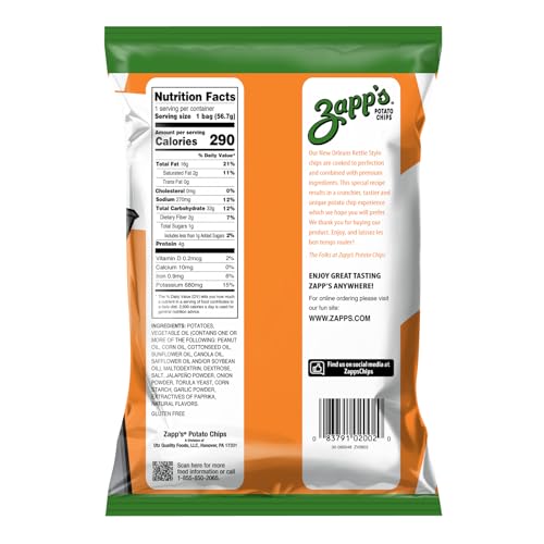 Zapp’s New Orleans Kettle - Style Potato Chips Hotter â€˜n Hot Jalapeno Flavor (2 oz Bags, 25 Count), Crunchy Chips with a Spicy Kick, Perfect On - The - Go, Gluten Free Snack - Fresh Hearth