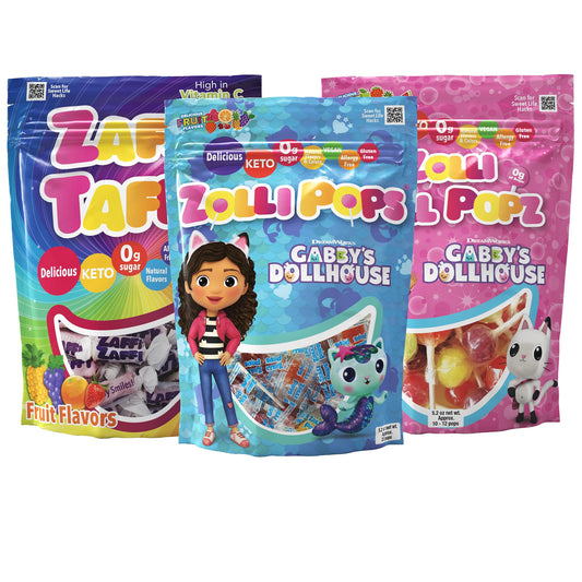 Zollipops Gabby's Dollhouse Variety Pack - Mixed Fruit Flavored Lollipops, Ball Popz, and Zaffi Taffy - Three 5 Oz. Bags for Sweet and Fun Treats - Fresh Hearth