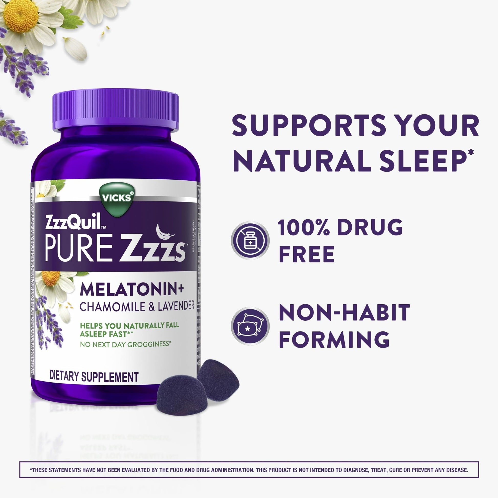 ZzzQuil PURE Zzzs Melatonin Gummies, Sleep Aid, Melatonin 2mg, with Chamomile & Lavender, Melatonin Sleep Gummies, Sleep Aids for Adults, Wildberry Vanilla Flavored, 72 Sleep Gummies - Fresh Hearth