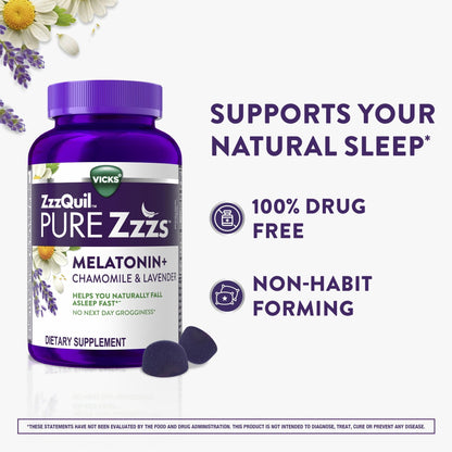 ZzzQuil PURE Zzzs Melatonin Gummies, Sleep Aid, Melatonin 2mg, with Chamomile & Lavender, Melatonin Sleep Gummies, Sleep Aids for Adults, Wildberry Vanilla Flavored, 72 Sleep Gummies - Fresh Hearth