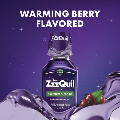 ZzzQuil, Sleep Aid, Nighttime Sleep Aid Liquid, 50 mg Diphenhydramine HCl, Fall Asleep Fast, Non - Habit Forming, Warming Berry Flavor, 12 FL OZ (Pack of 2) - Fresh Hearth