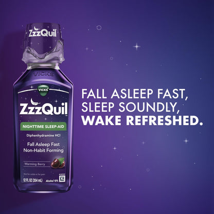 ZzzQuil, Sleep Aid, Nighttime Sleep Aid Liquid, 50 mg Diphenhydramine HCl, Fall Asleep Fast, Non - Habit Forming, Warming Berry Flavor, 12 FL OZ (Pack of 2) - Fresh Hearth