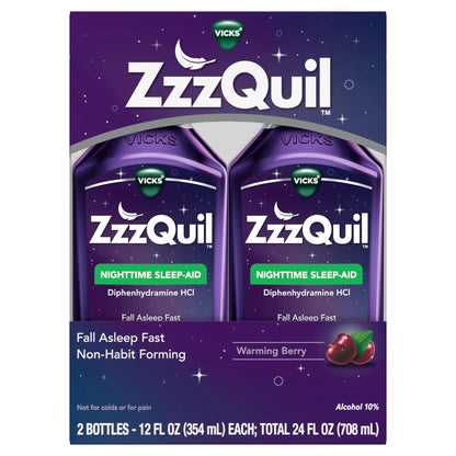 ZzzQuil, Sleep Aid, Nighttime Sleep Aid Liquid, 50 mg Diphenhydramine HCl, Fall Asleep Fast, Non - Habit Forming, Warming Berry Flavor, 12 FL OZ (Pack of 2) - Fresh Hearth