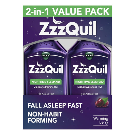 ZzzQuil, Sleep Aid, Nighttime Sleep Aid Liquid, 50 mg Diphenhydramine HCl, Fall Asleep Fast, Non - Habit Forming, Warming Berry Flavor, 12 FL OZ (Pack of 2) - Fresh Hearth